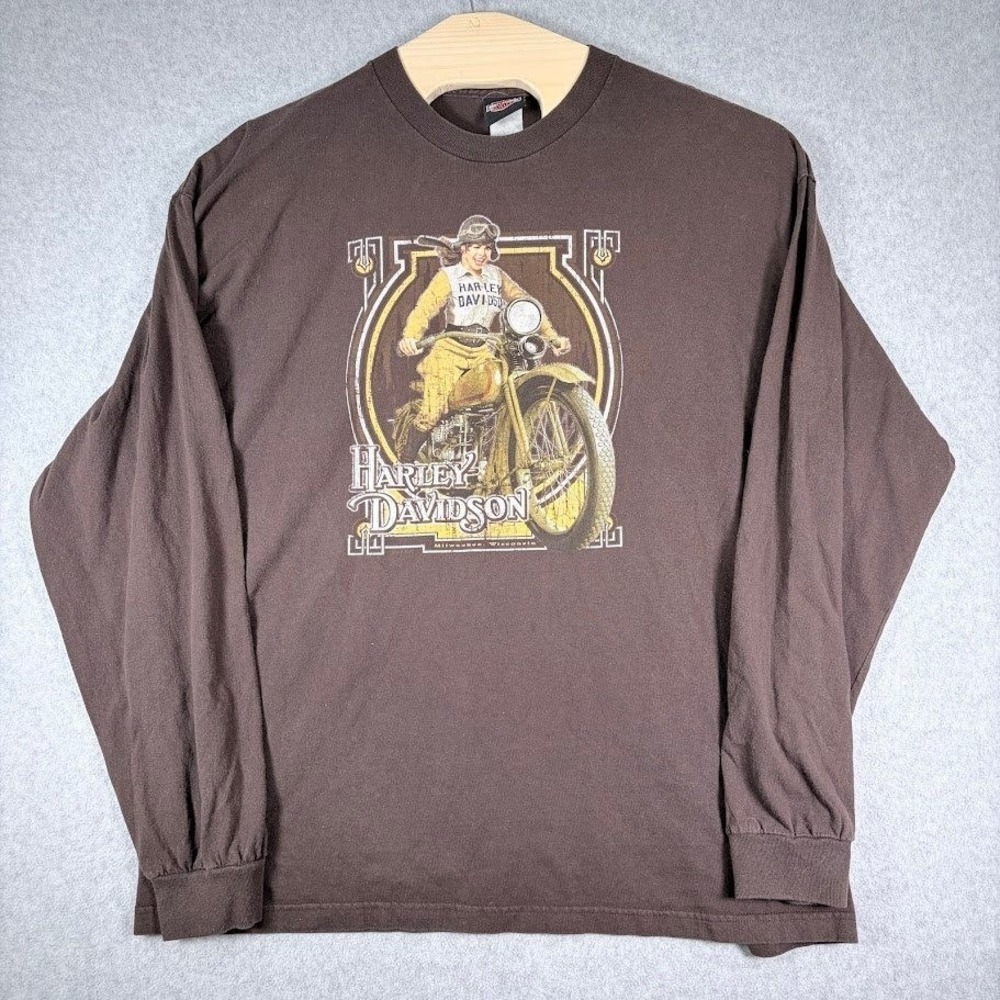 Harley-Davidson Long Sleeve Shirt Mens XL Brown Graphic Smoky Mountain Pinup